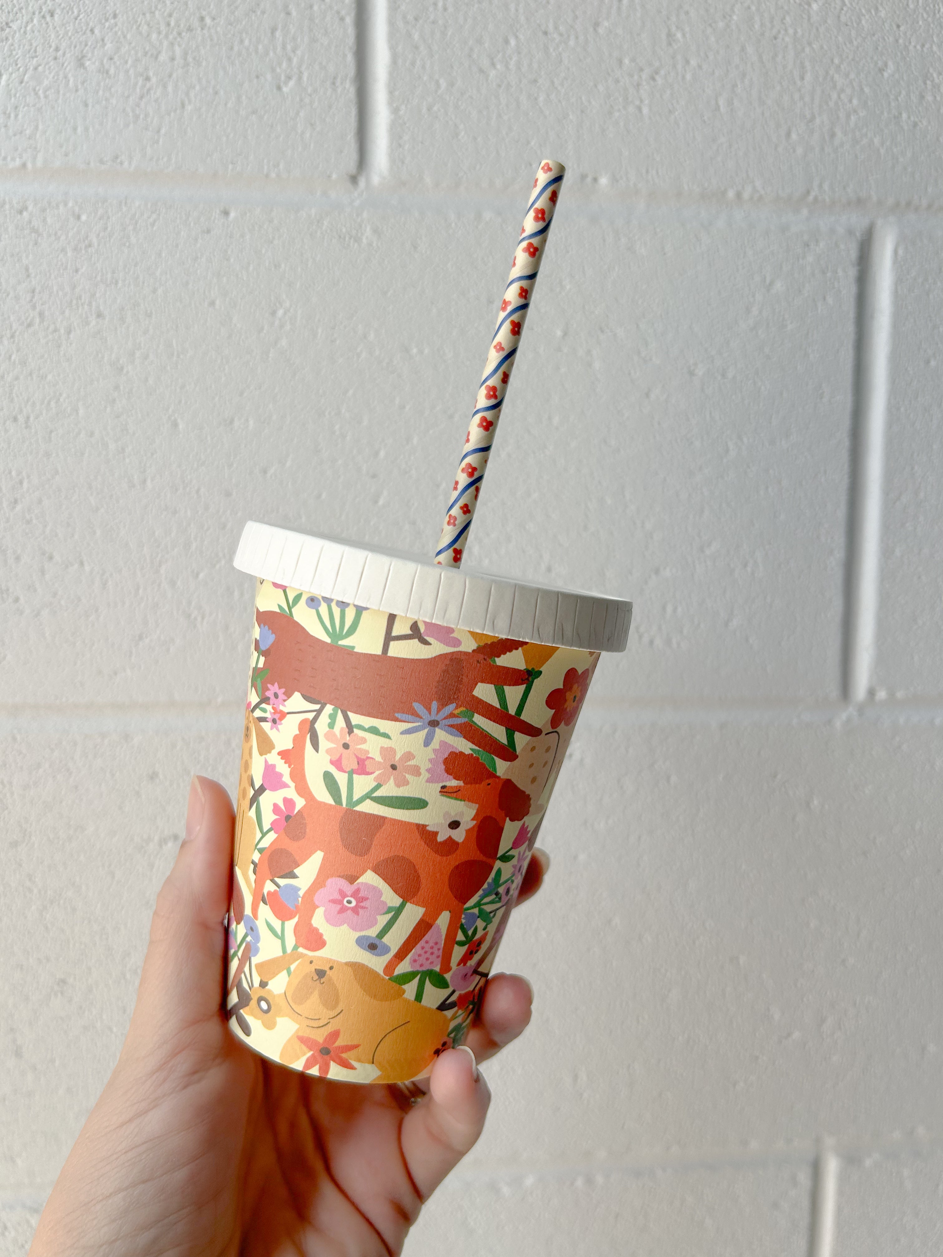 12oz 90mm takeaway disposable coffee cup creative cafe wholesale bulk dog pattern design cold latte milkshake straw