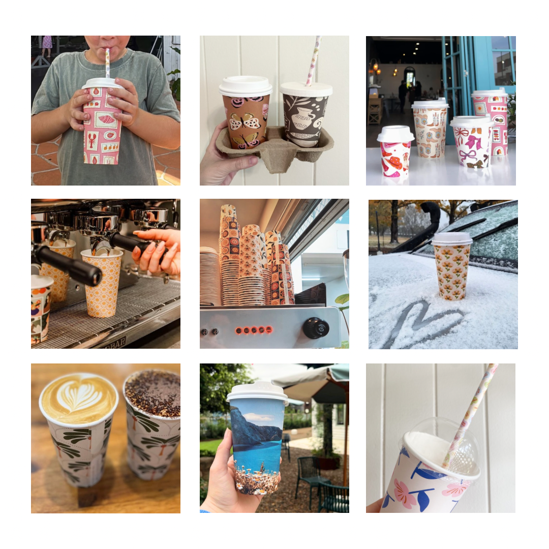 16oz takeaway home compostable disposable paper cups printed designs in action cafe 600ml creative cafe company