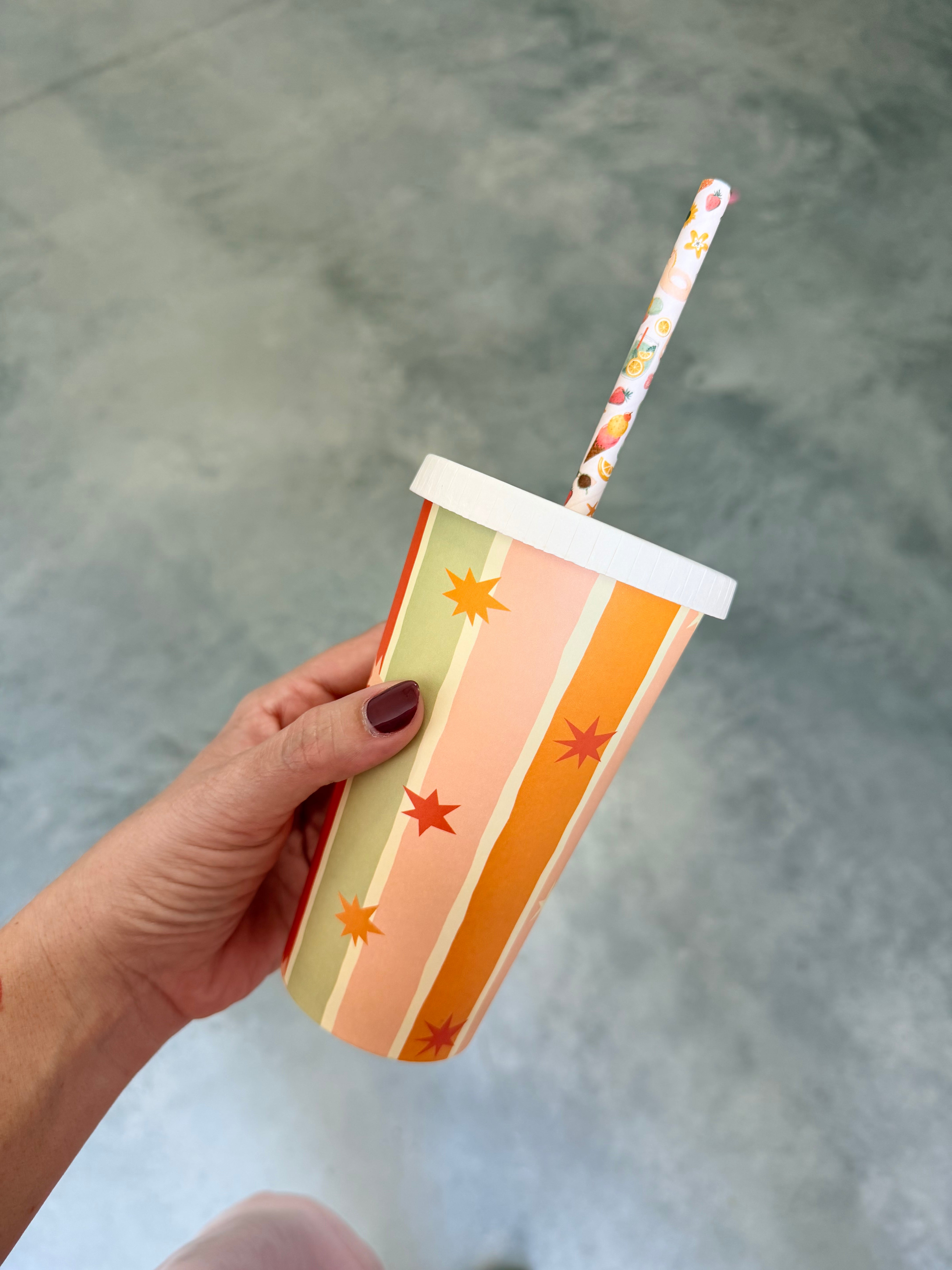 20oz iced drink takeaway disposable home compostable cold milkshake printed design 600ml star stripes