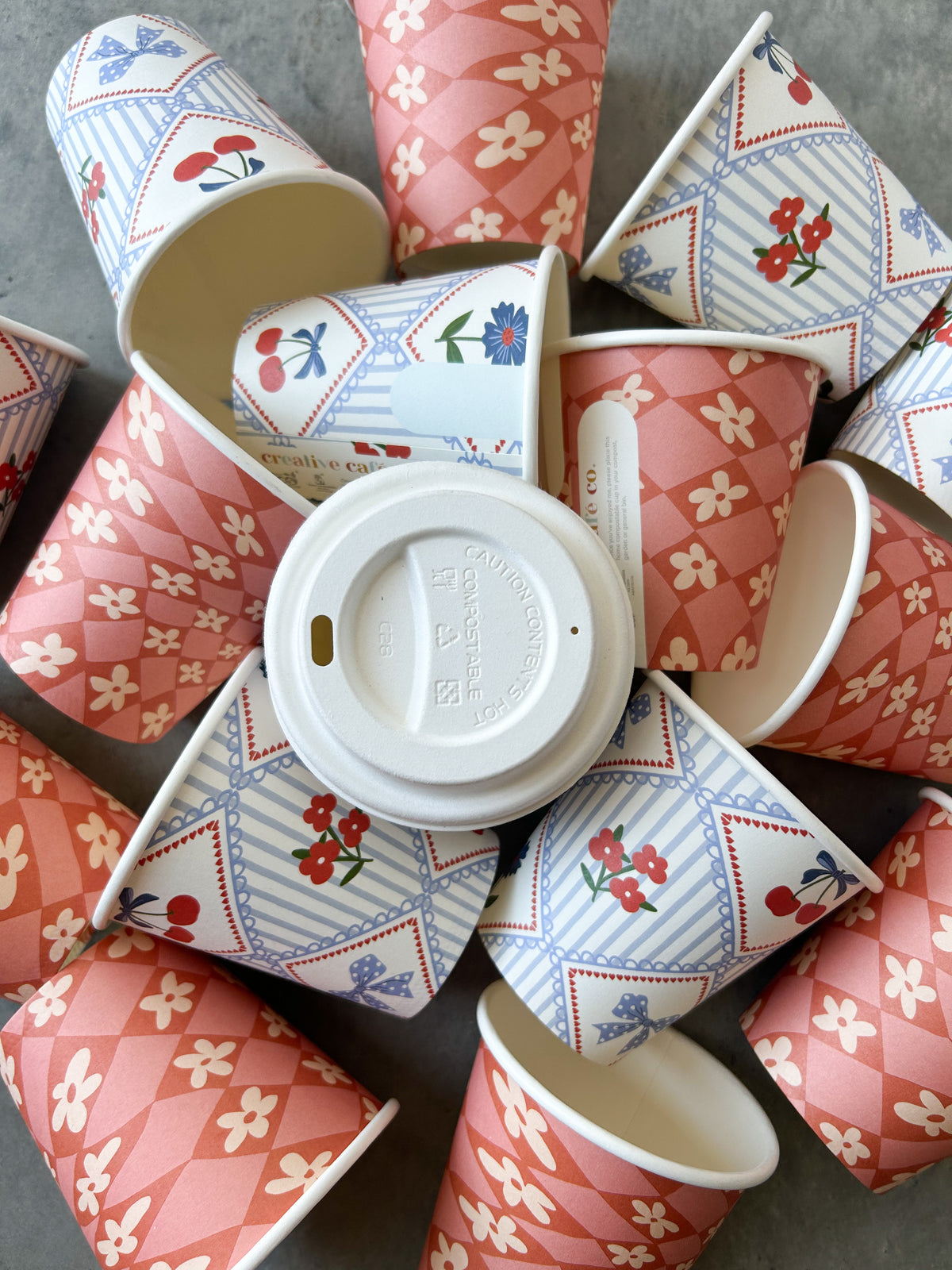 220ml 6oz home compostable takeaway coffee cup cherry flower checkers print design creative cafe co