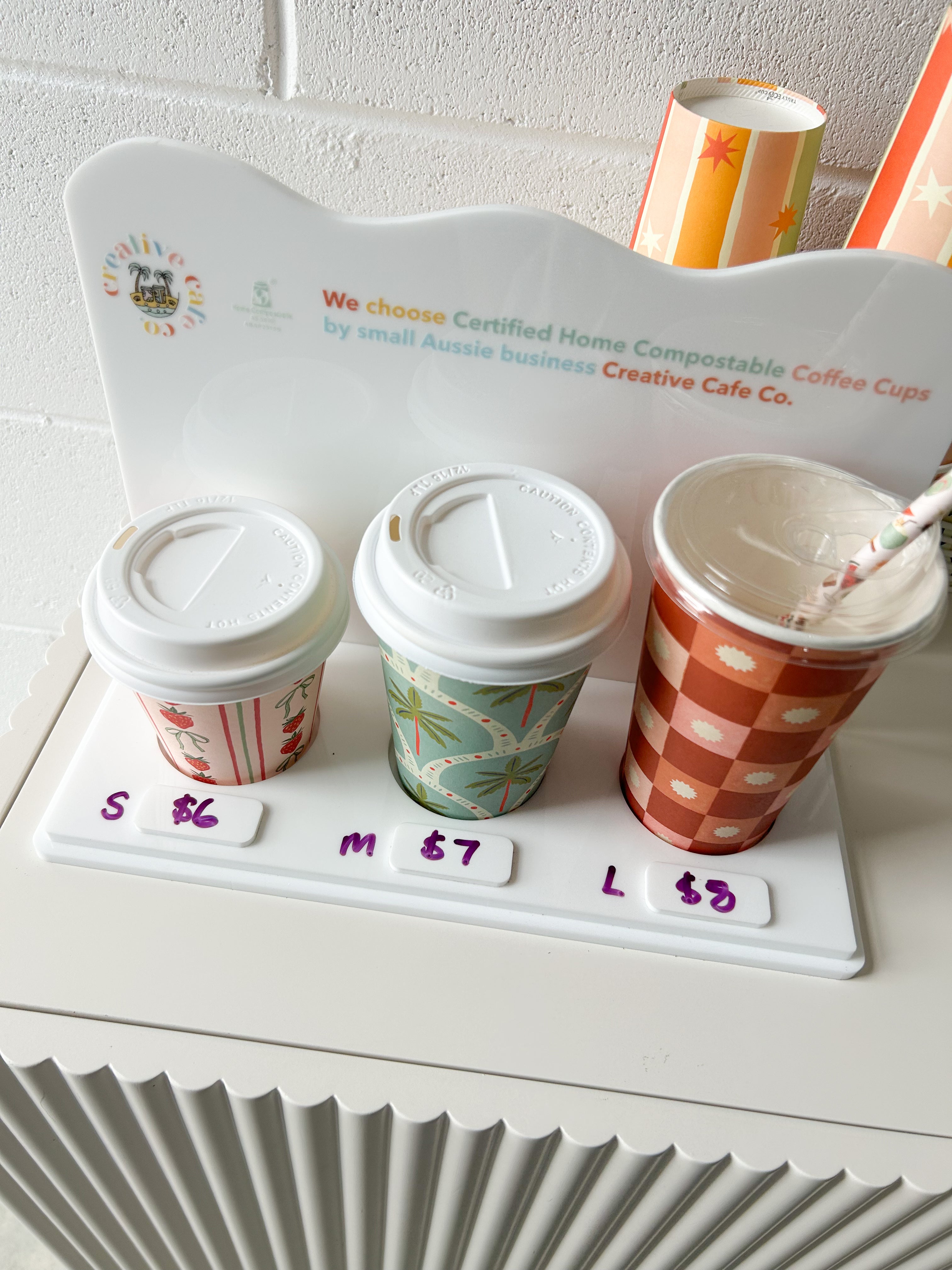 takeaway coffee cup counter table display cup holder 3 acrylic write prices